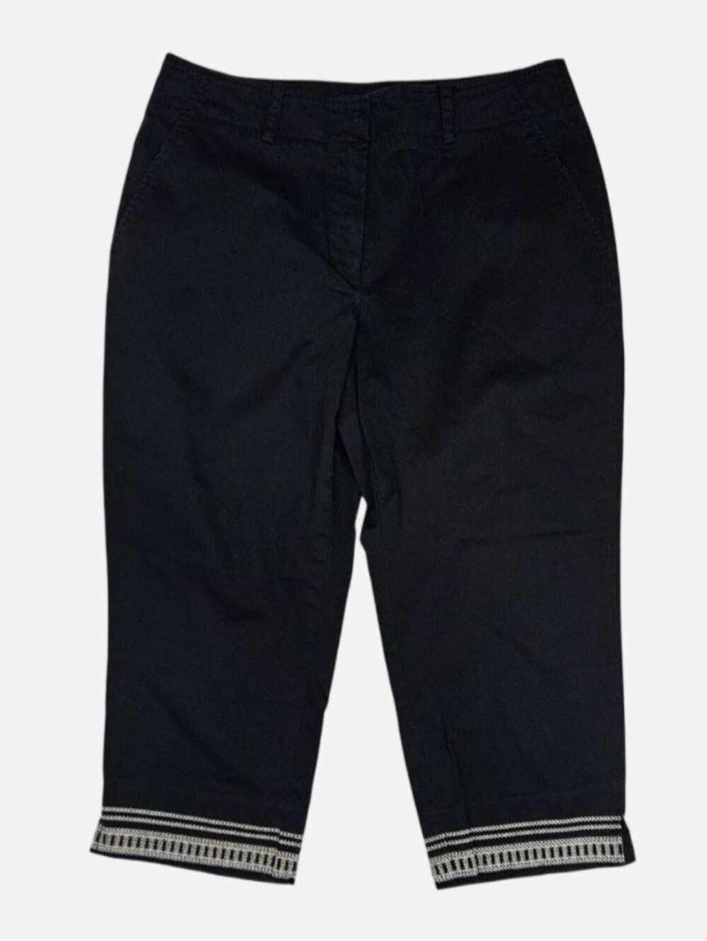 Black capri pants with white geometric trim at the hem size 6 petite